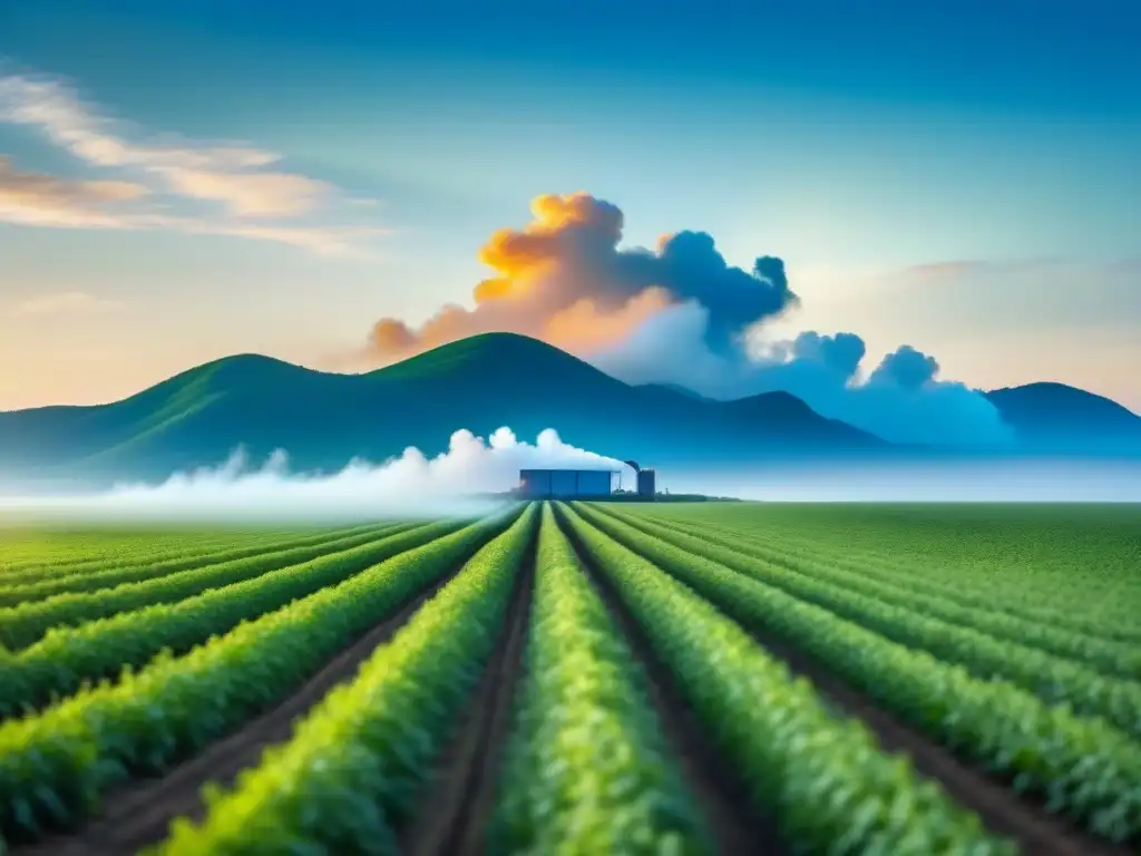 Un campo verde exuberante se extiende hacia el horizonte bajo un cielo azul claro, con una moderna planta de biocombustible en el fondo