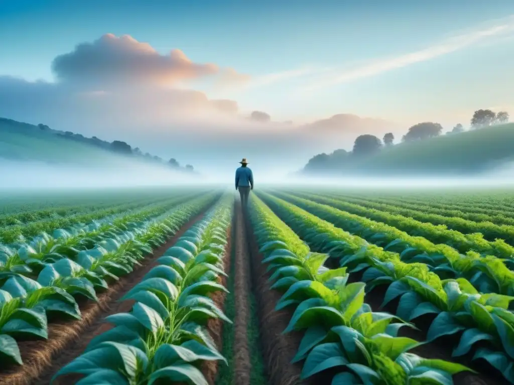 Un campo verde exuberante se extiende hacia el horizonte bajo un cielo azul, con un agricultor solitario cuidando los cultivos con esmero