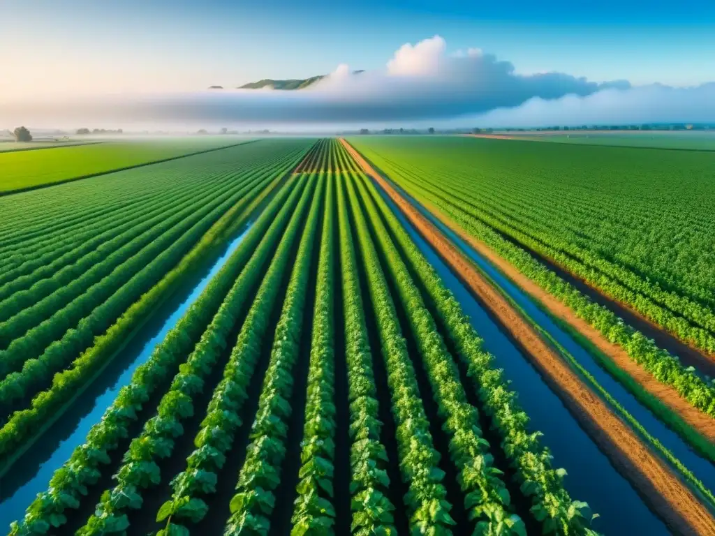 Un campo agrícola verde exuberante con sistemas de riego precisos y sensores, mostrando la agricultura inteligente con Big Data