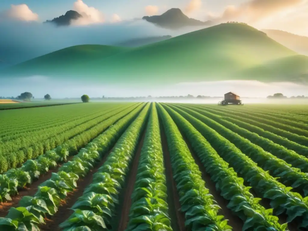 Un campo agrícola verde exuberante con tecnología de sensores en cada planta, fusionando naturaleza y tecnología