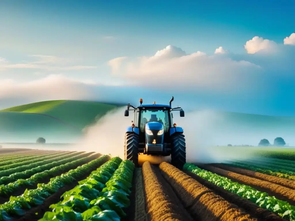 Un campo verde exuberante con un tractor moderno plantando cultivos de forma eficiente