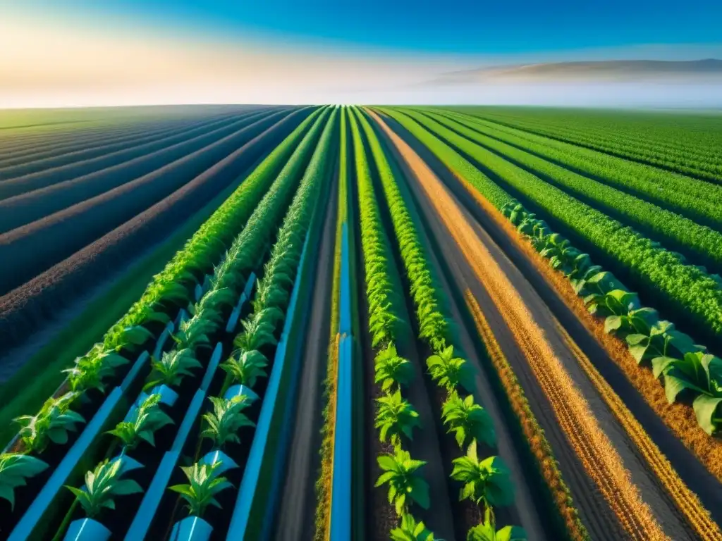 Un campo verde futurista con cultivos modificados genéticamente, simbolizando innovaciones biotecnológicas en agricultura sostenible