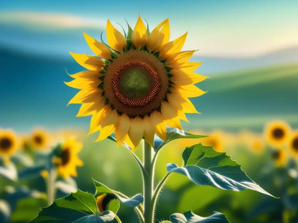 Un campo verde con un girasol destacado bajo el sol, transmitiendo paz y belleza natural