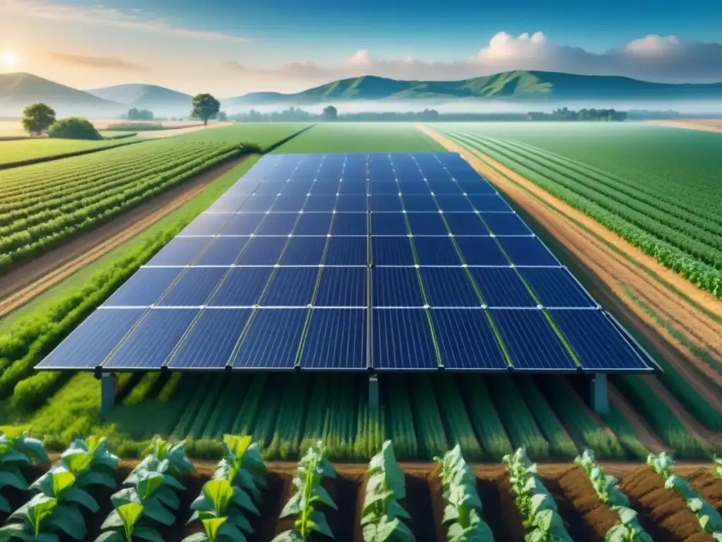 Un campo agrícola verde con paneles solares futuristas integrados