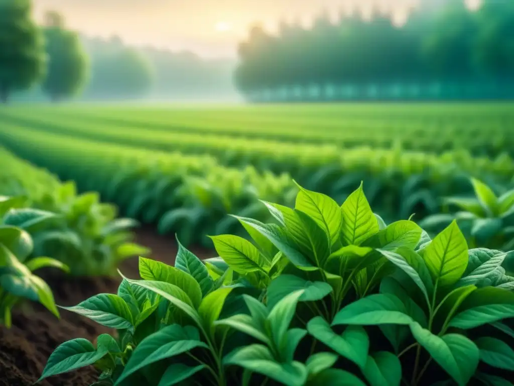 Campo verde con plantas bioluminiscentes, muestra diversidad de soluciones biotecnológicas para enfermedades plantas