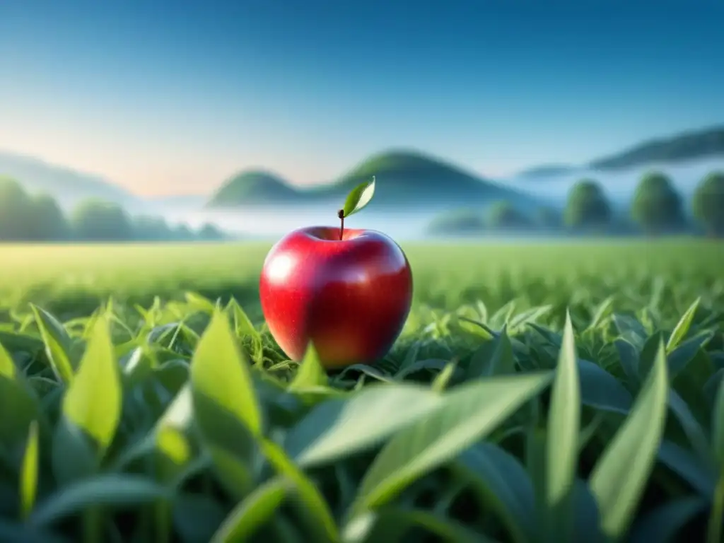 Un campo verde sereno con un manzana roja vibrante en el centro, simbolizando la innovación en alimentos funcionales sostenibles