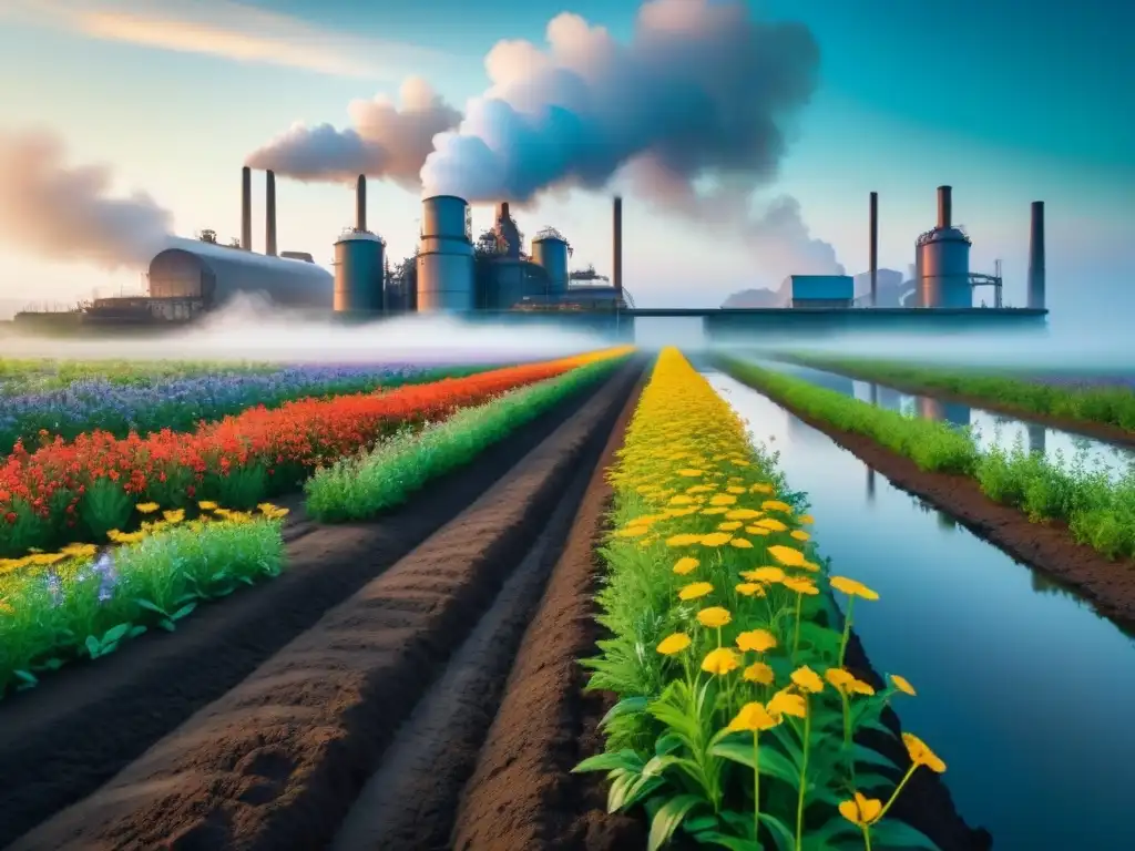 Descontaminación de suelo industrial: campo verde vs suelo oscuro Un campo verde con flores silvestres resalta sobre suelo industrial contaminado, limpiado por bioventing