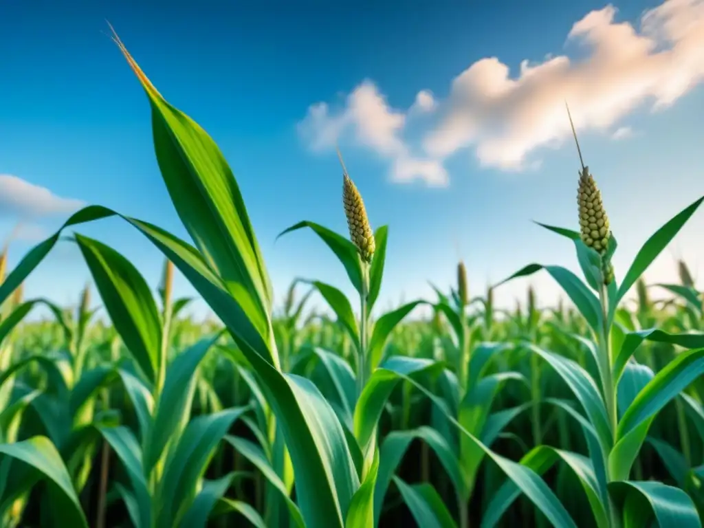 Un campo de maíz verde vibrante bajo un cielo azul claro, detallando cada tallo y hoja, mostrando texturas y colores ricos