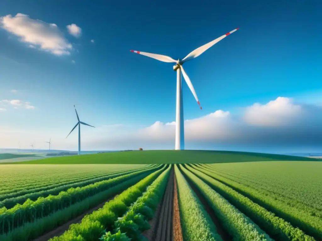 Un campo verde vibrante bajo el sol con un aerogenerador al fondo