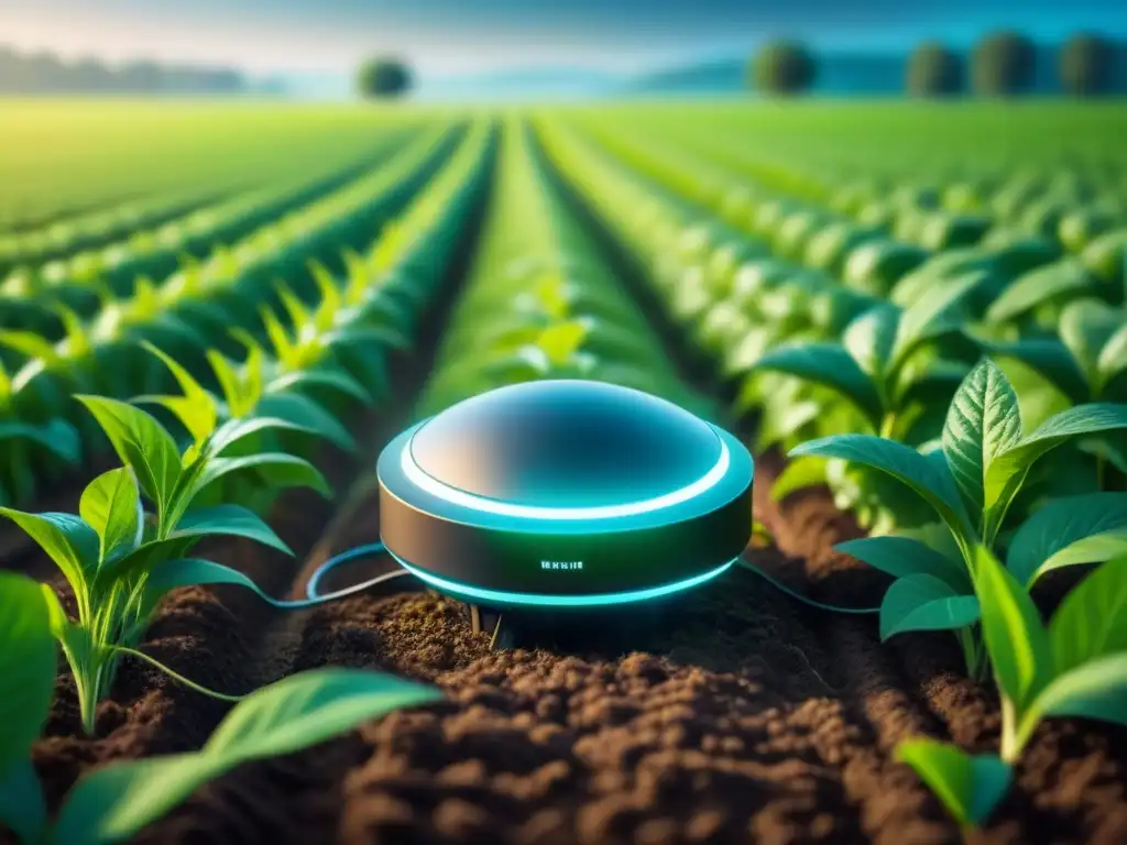 Un campo agrícola vibrante con sensores fotónicos de alta tecnología integrados, simbolizando la agricultura de precisión