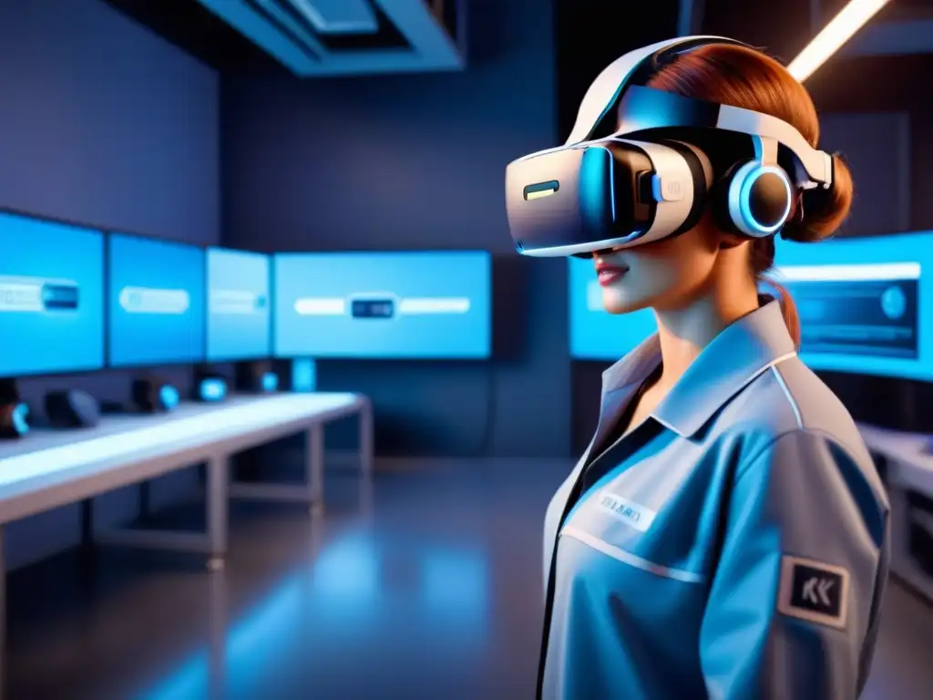 Capacitación industrial con realidad virtual: Trabajadores en simulaciones virtuales de alta tecnología en un centro de entrenamiento moderno