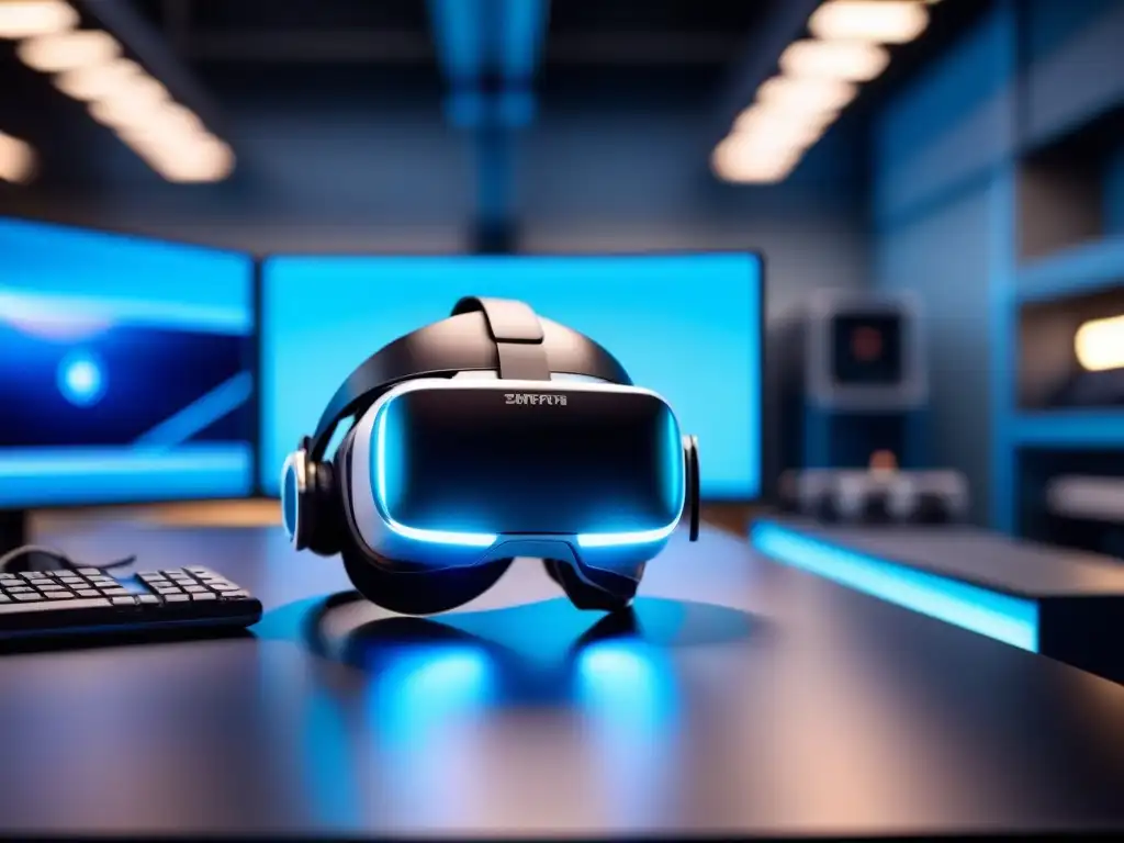 Capacitación industrial con realidad virtual: Un headset en un escritorio industrial moderno, iluminado con luz azul