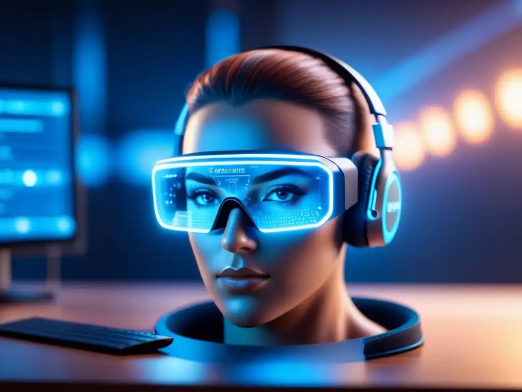 Capacitación en seguridad cibernética: AR headset iluminado en ambiente tecnológico futurista