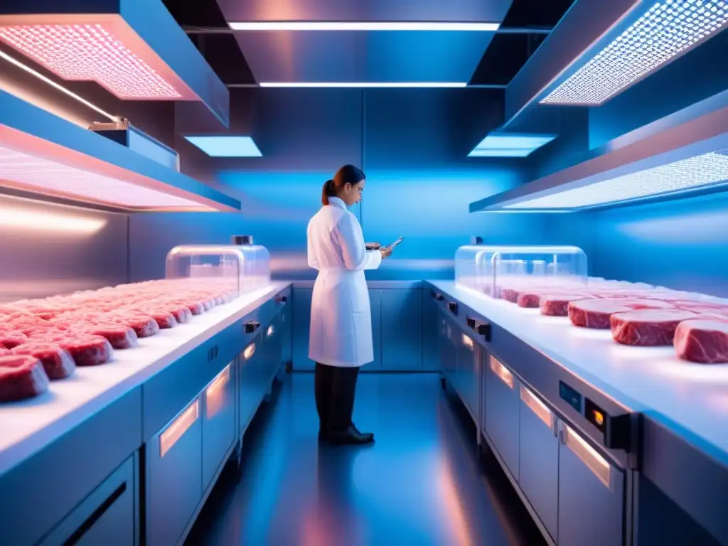 Producción de carne sin sacrificio animal en laboratorio futurista con bioreactores avanzados y luces LED azules