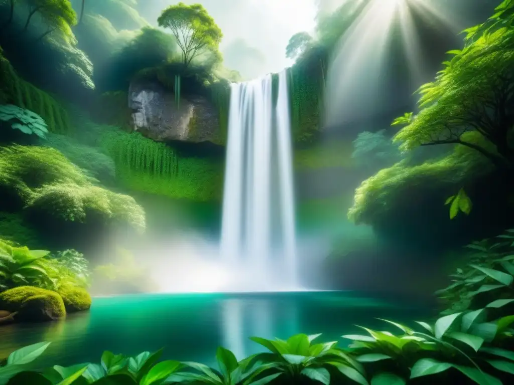 Cascada serena en un bosque verde exuberante con rayos de sol filtrándose, simbolizando la armonía de las Prácticas de extracción sostenible