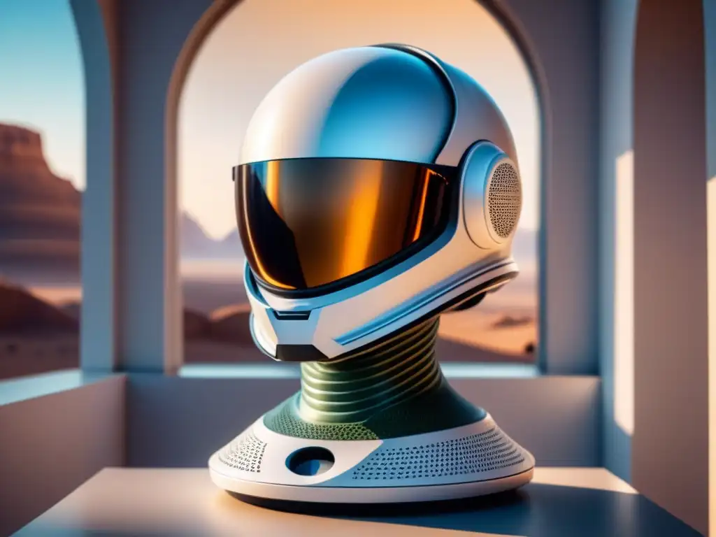 Un casco espacial de cerámicas avanzadas reflejando Marte en su visor, sobre un pedestal blanco