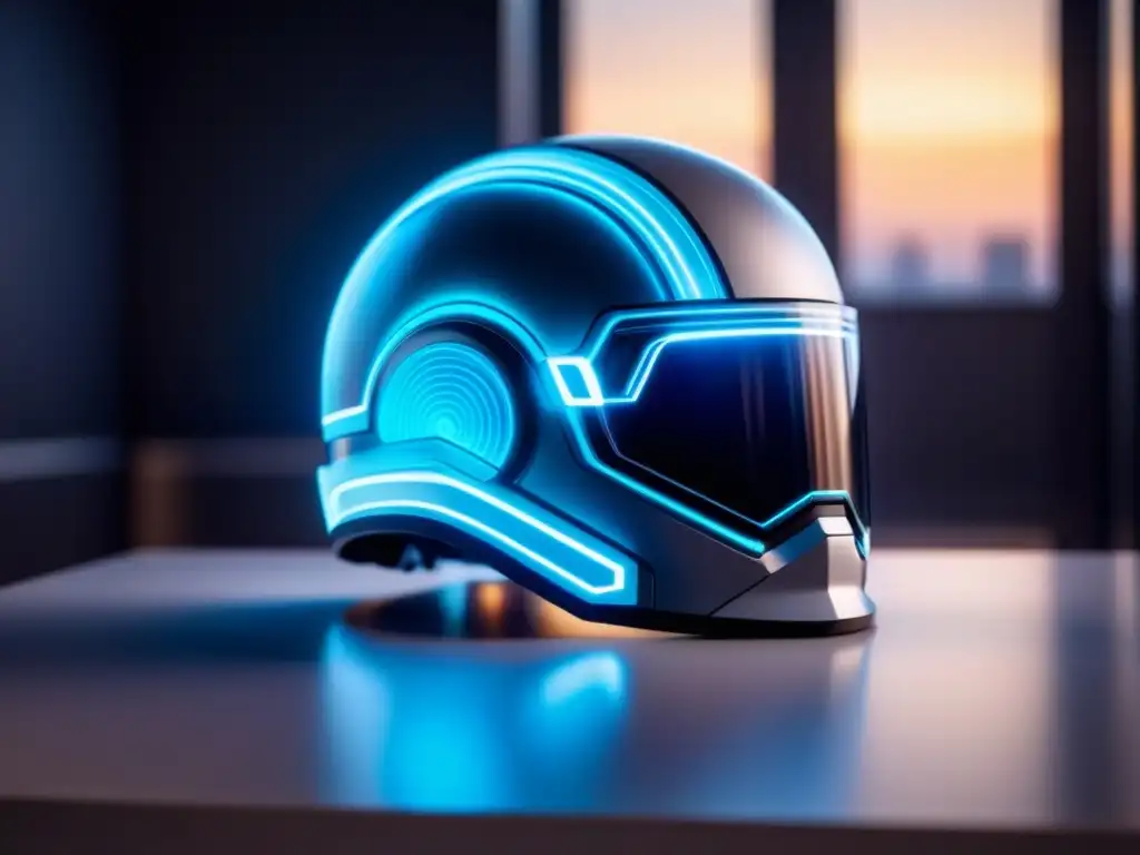 Un casco futurista de interfaz cerebro-máquina, con luces azules suaves, reposa en una mesa blanca contra un fondo oscuro