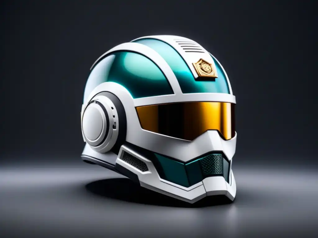 Un casco militar futurista de cerámicas avanzadas en defensa, con patrones geométricos e impecable superficie pulida sobre fondo oscuro mate
