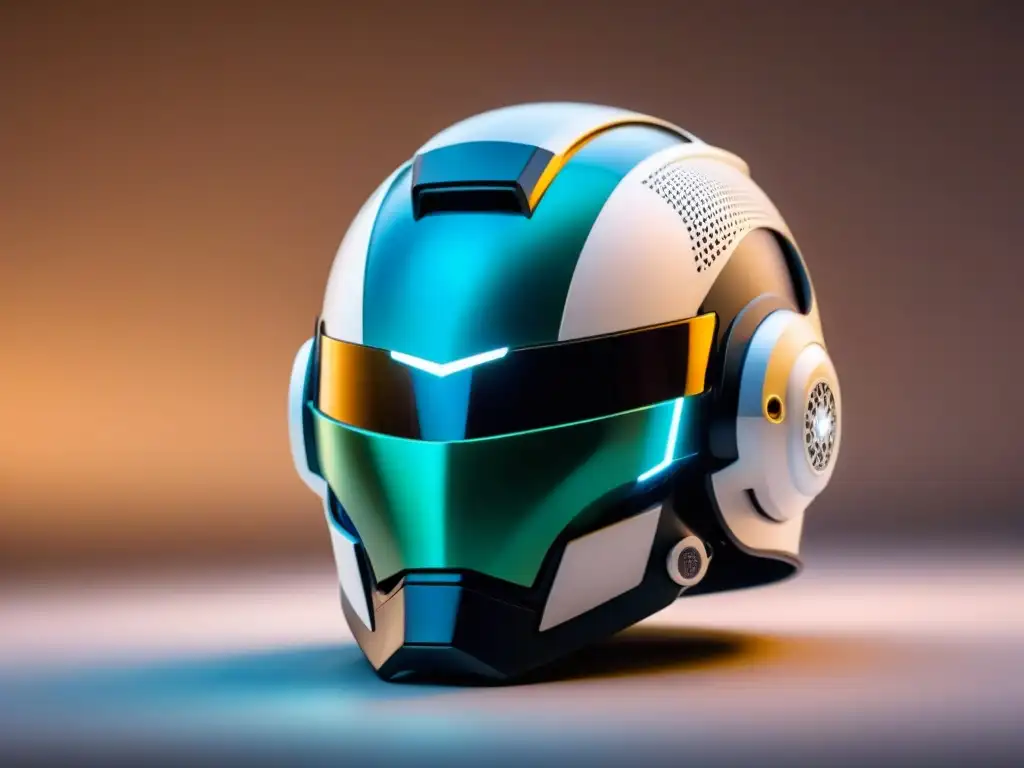 Un casco militar futurista hecho con cerámicas avanzadas, diseño minimalista y visor reflectante, iluminado desde dentro