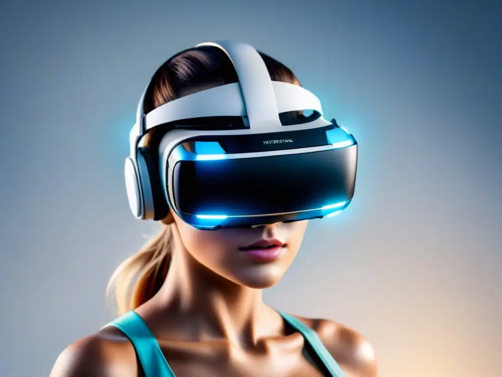 Headset de realidad virtual futurista en suspensión Un casco de realidad virtual suspendido en el aire con un brillo suave, destacando su diseño moderno