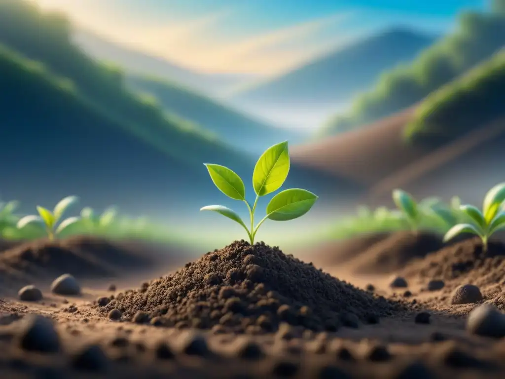 Casos de éxito en bioremediación global: paisaje verde restaurado, brotes emergiendo de suelo antes contaminado, cielo azul prometedor