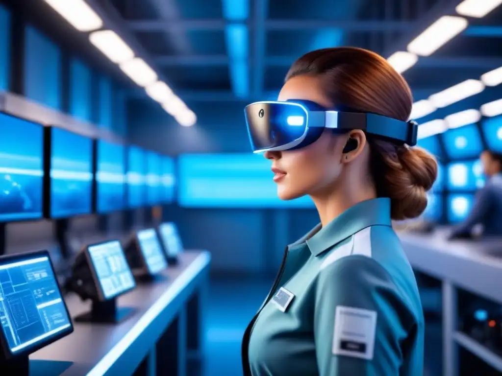 Centro de capacitación en realidad aumentada industrial futurista con trabajadores y hologramas, iluminado en azul