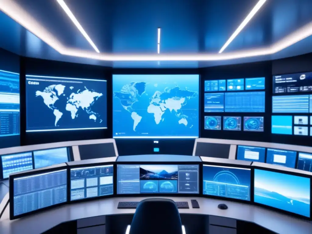 Control de ciberseguridad 8k: Futurista sala minimalista y tecnológica Un centro de ciberseguridad futurista y minimalista, con tecnología de vanguardia y equipo diverso colaborando