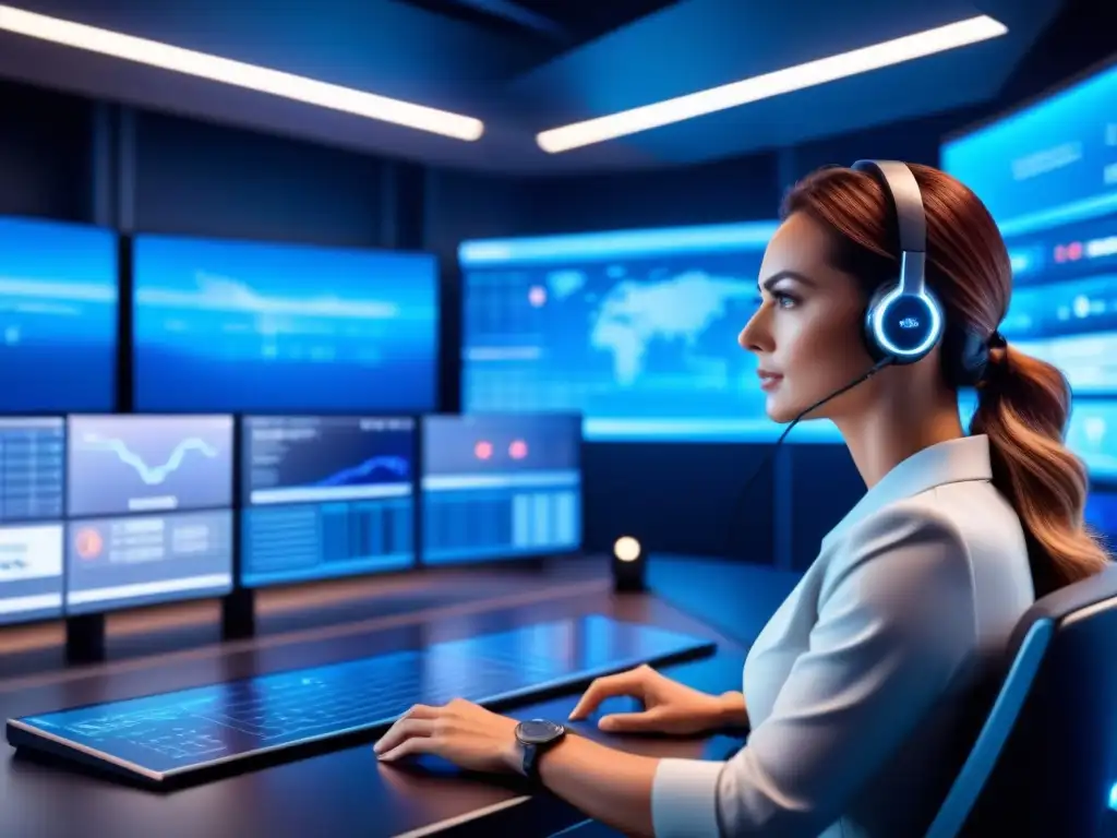 Centro de Ciberseguridad para Redes 5G: Imagen Futurista Un centro de ciberseguridad futurista para gestionar y asegurar redes 5G