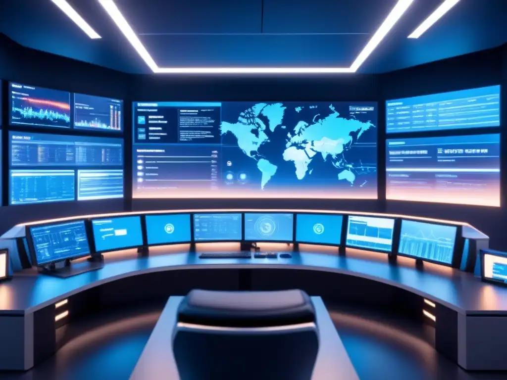 Centro de ciberseguridad moderno con pantallas de datos y consola central iluminada en azul