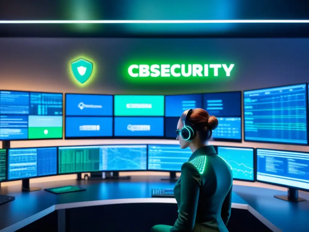 Un centro de control de ciberseguridad moderno y elegante con monitores mostrando datos de red, iluminado en azul y verde digital