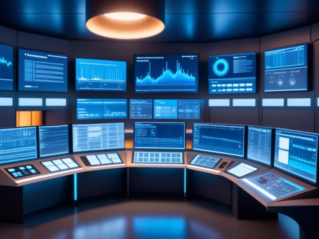 Un centro de control futurista con análisis predictivo en industrias emergentes