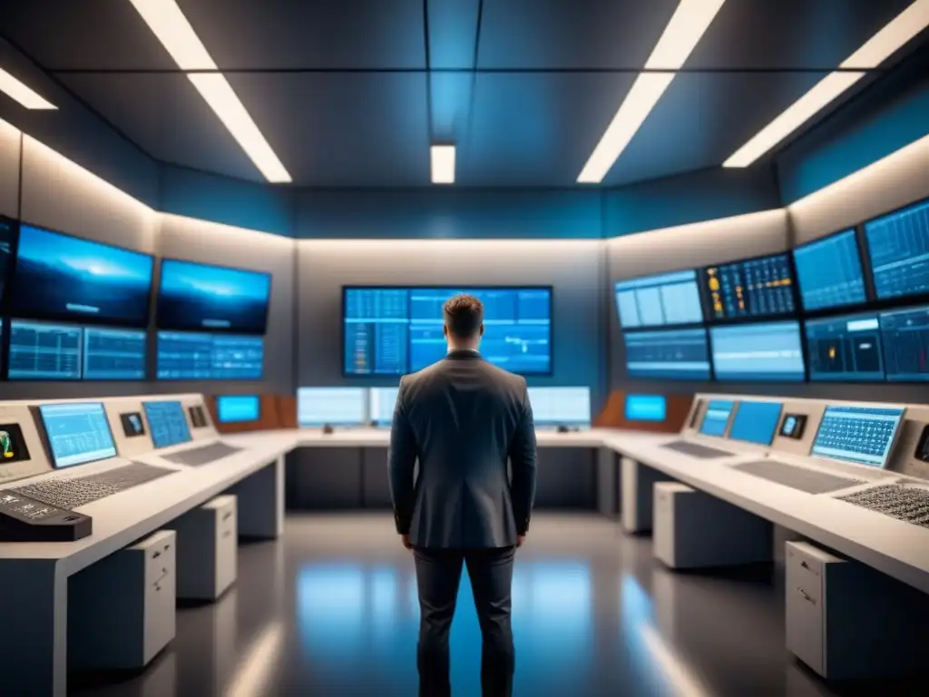 Un centro de control futurista muestra profesionales monitoreando tecnologías de detección de fallas para seguridad industrial