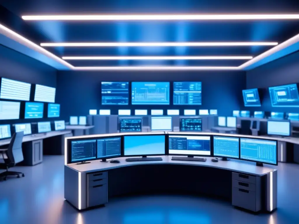 Un centro de control futurista con sistemas de respuesta automática 24/7, monitores y computadoras de vanguardia en azul suave