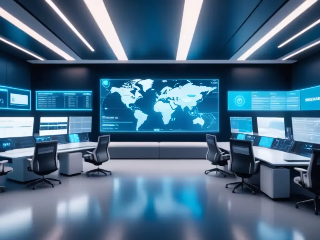 Centro de control logístico futurista con IA para gestión de riesgos y anticipación