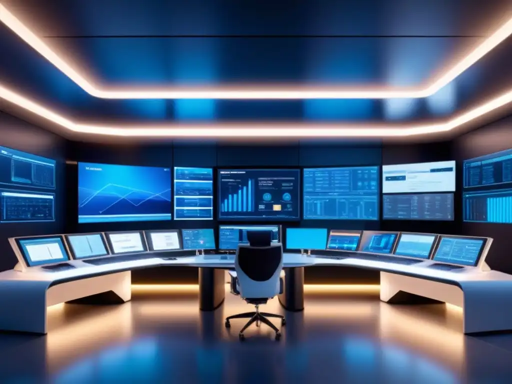 Sala de control futurista: tecnología avanzada y eficiencia Un centro de control moderno y sofisticado con tecnología avanzada y sistemas de automatización