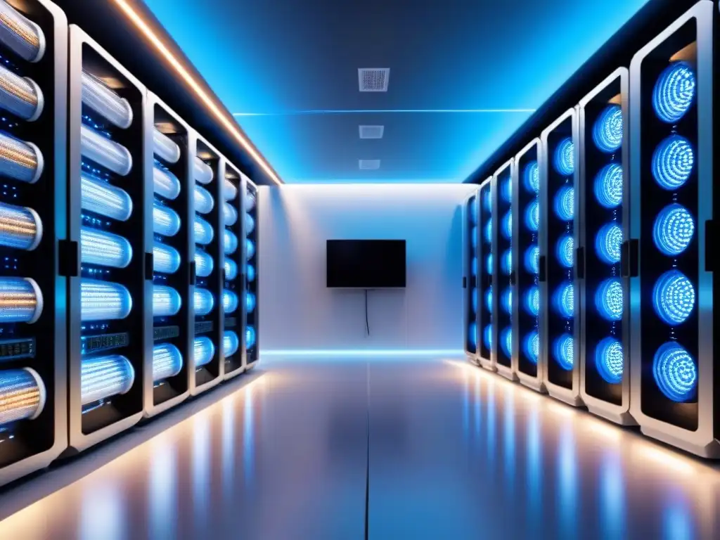 Un centro de datos moderno iluminado por luces LED azules, resaltando la importancia de la fibra óptica en la era digital
