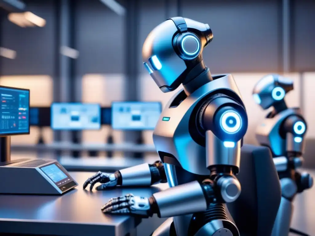 Un centro de entrenamiento futurista con equipos de trabajo humano y cobots en armonía, reflejando innovación y eficiencia