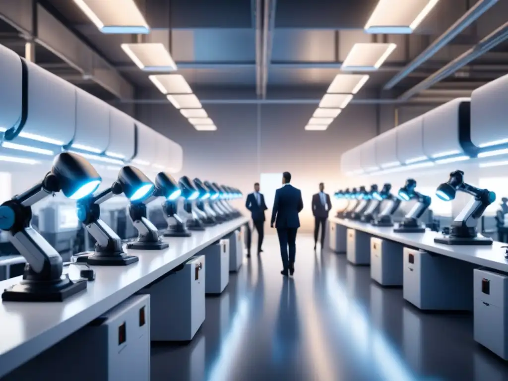 Un centro de entrenamiento industrial moderno y elegante, donde humanos y cobots colaboran en armonía