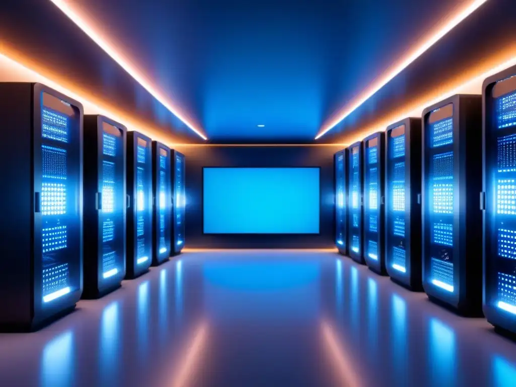 Un centro de supercomputación futurista y minimalista, bañado en luz azul, con un superordenador brillante en el centro y cables interconectados