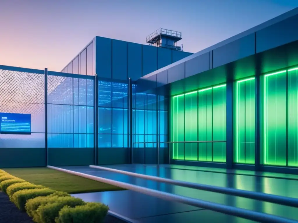 Un centro industrial futurista con luces azules y verdes resplandecientes en el atardecer