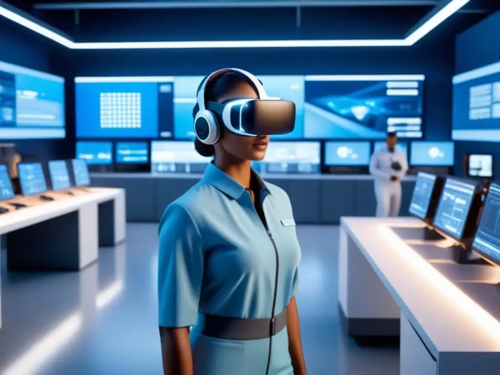 Un centro de formación industrial futurista con tecnología de realidad mixta avanzada