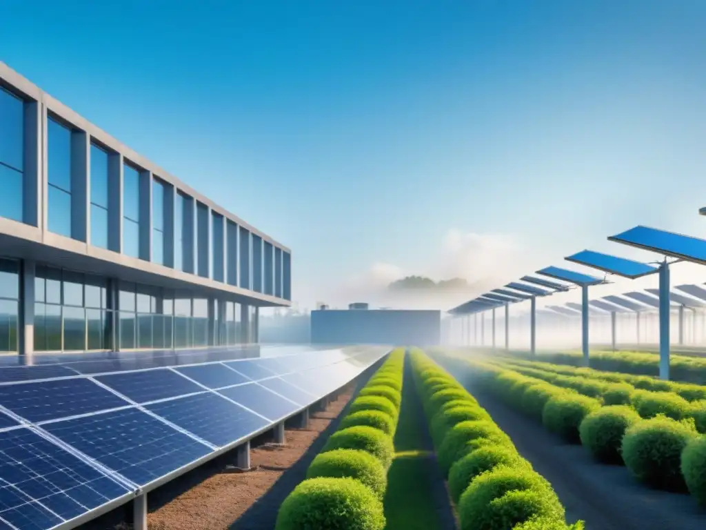 Un centro industrial moderno y sostenible con paneles solares brillantes bajo cielo azul, rodeado de vegetación exuberante