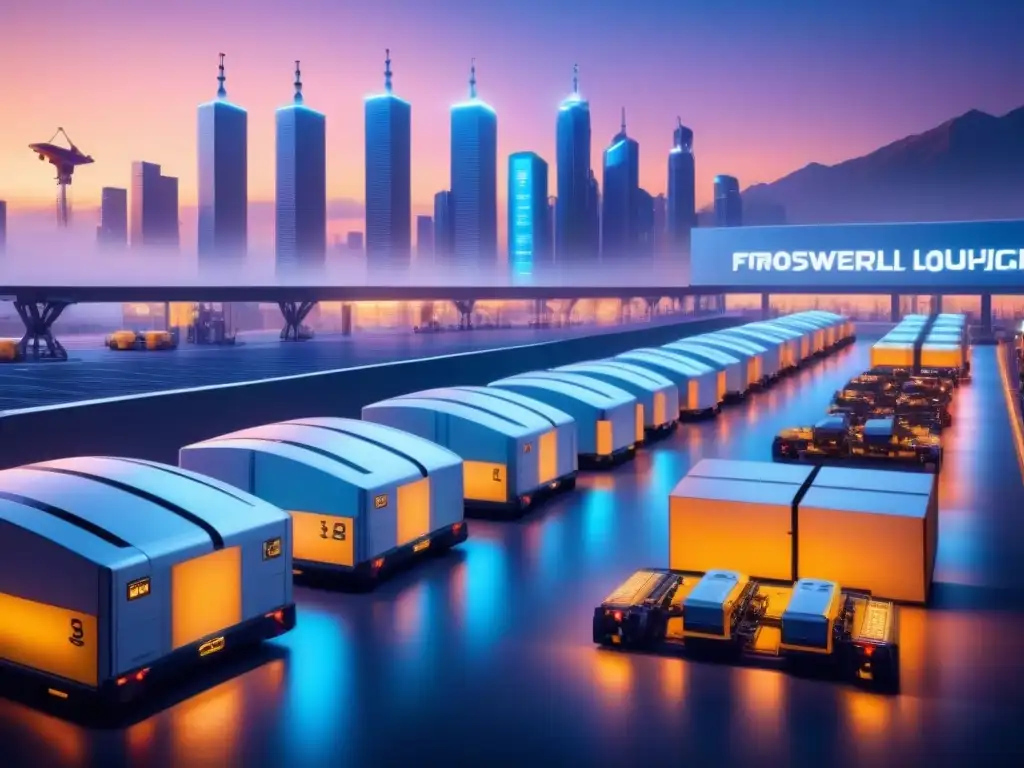 Centro logístico futurista: robots AI en acción Un centro de logística global futurista con robots AI eficientes, drones hightech y ciudad moderna iluminada de noche