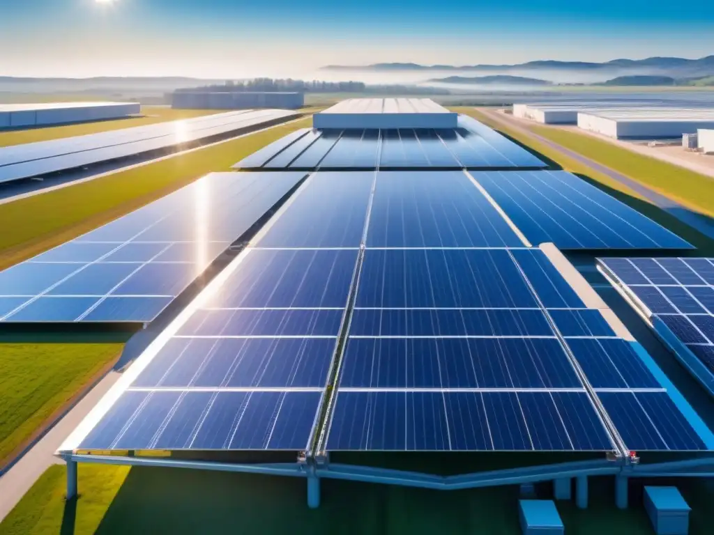 Un centro de manufactura moderno con paneles solares integrados, reflejando el cielo azul