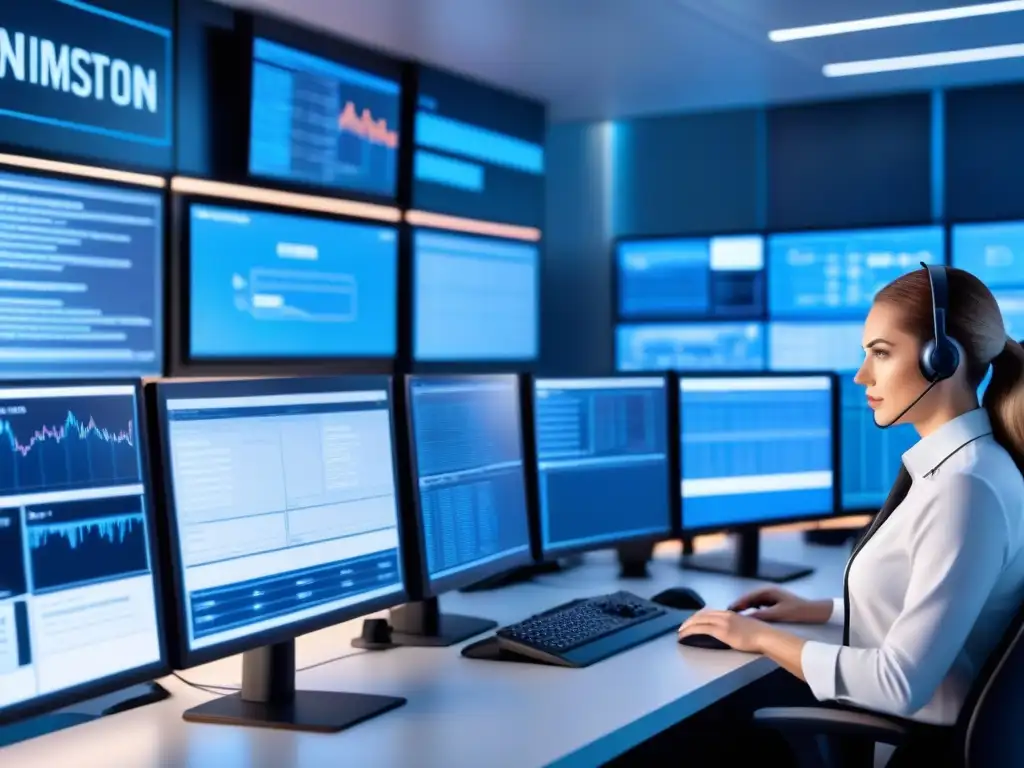 Un centro de operaciones de red (NOC) con monitores de alertas de seguridad, personal enfocado, en azul