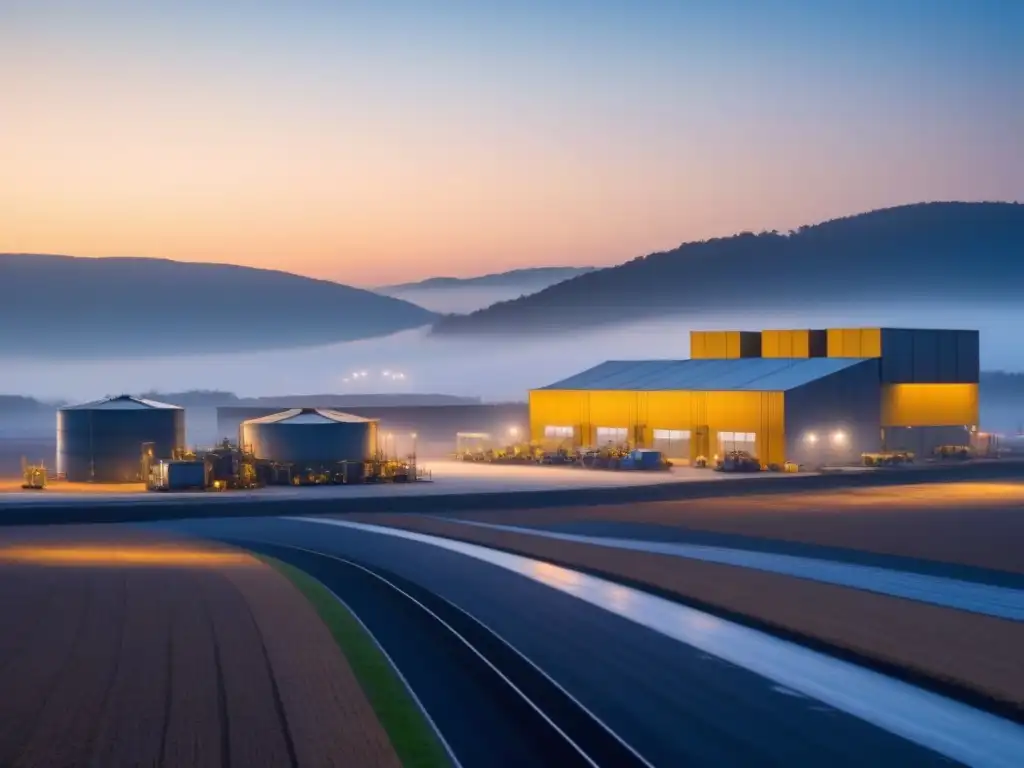 Un centro de reciclaje moderno iluminado por la cálida luz del atardecer, integrado con el entorno