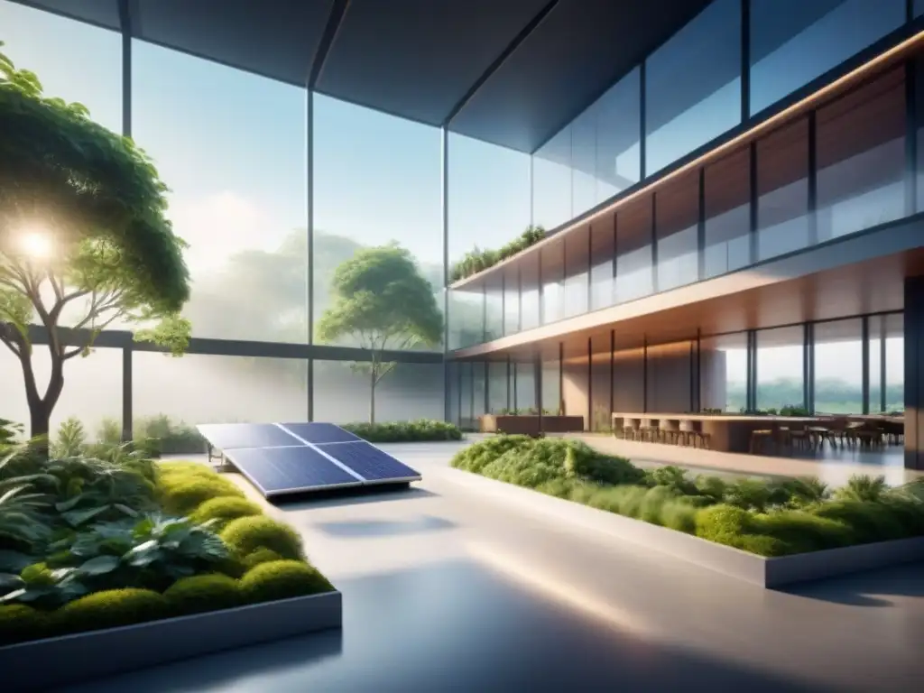Un centro de innovación verde con paneles solares, vegetación y diseño futurista