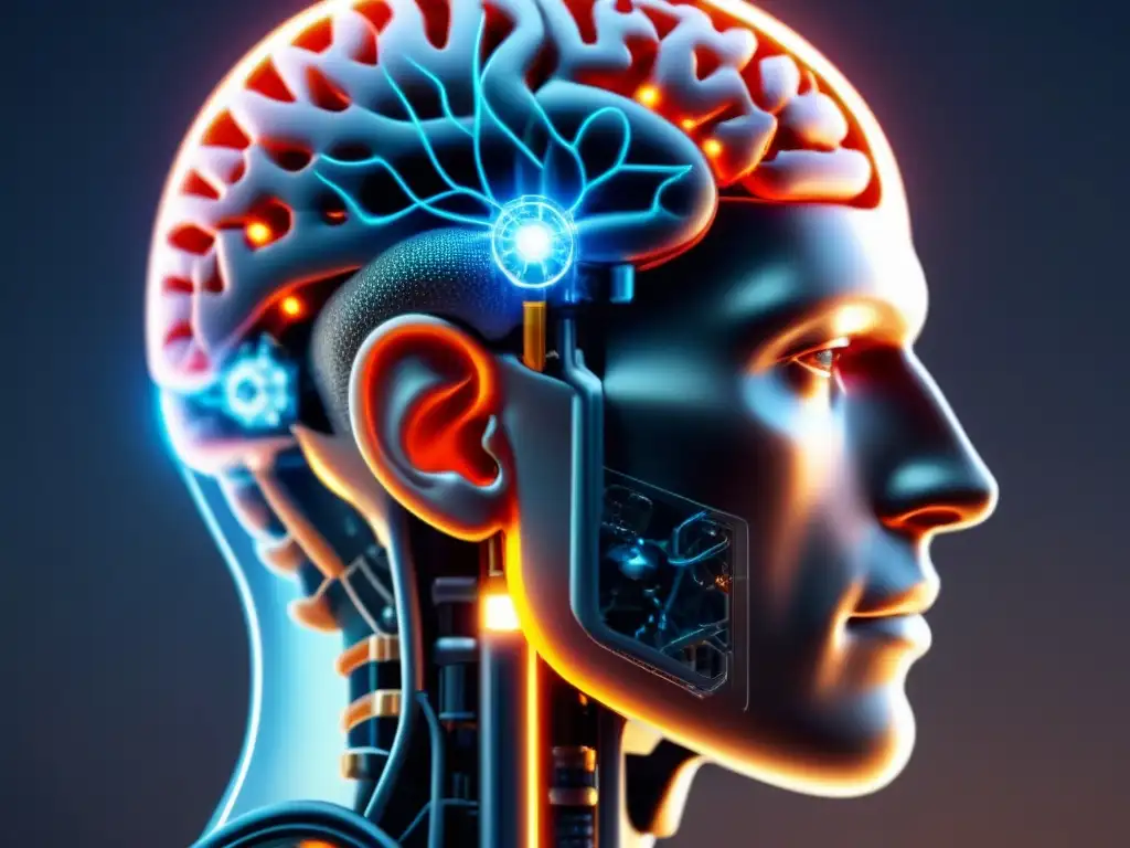 Un cerebro humano transparente con dispositivos neuronales revolucionarios conectados, iluminado y detallado