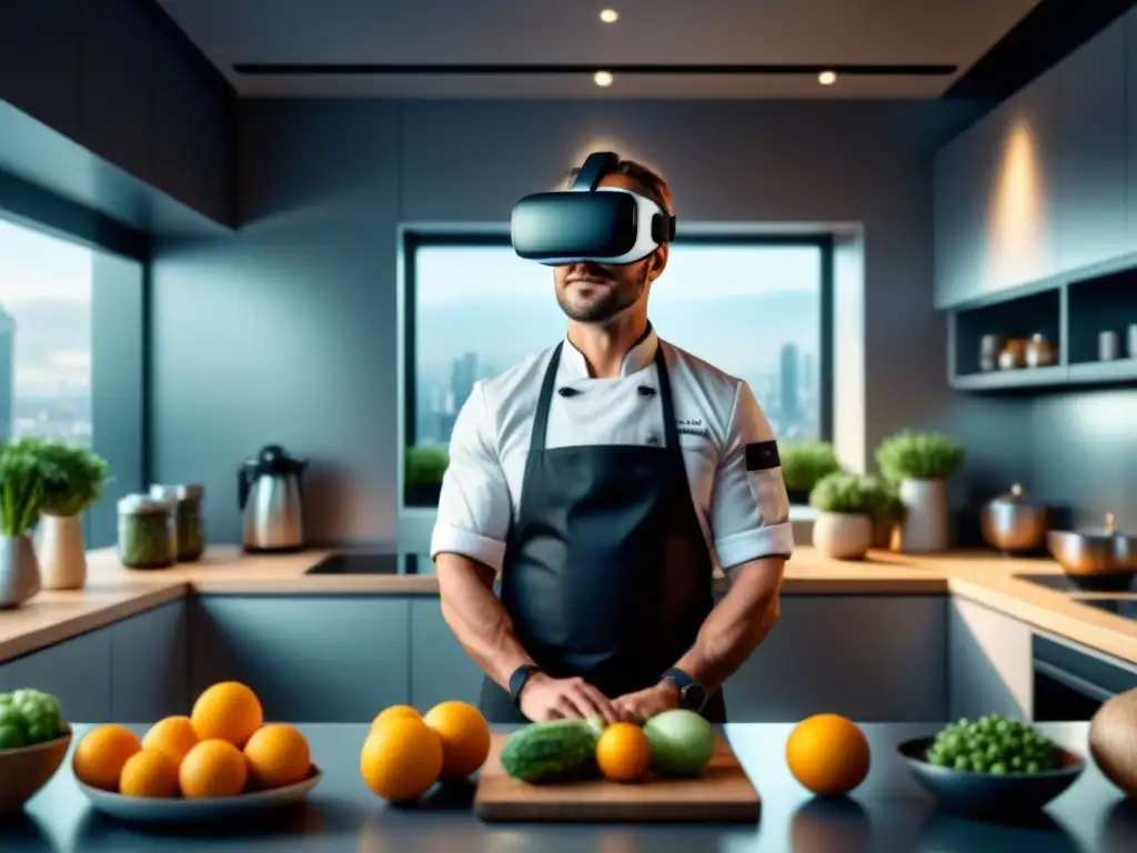 Un chef usa gafas de realidad virtual en una cocina futurista, con equipos de producción de alimentos avanzados