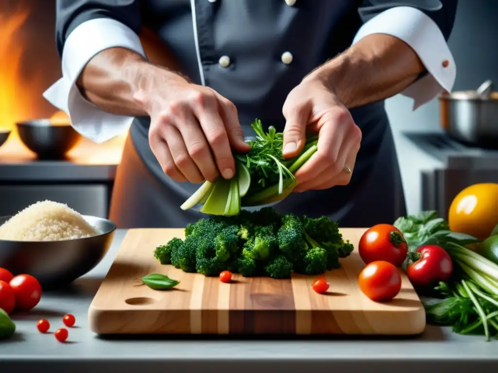 Un chef cortando ingredientes frescos en una cocina moderna, destacando el storytelling en marketing de alimentos